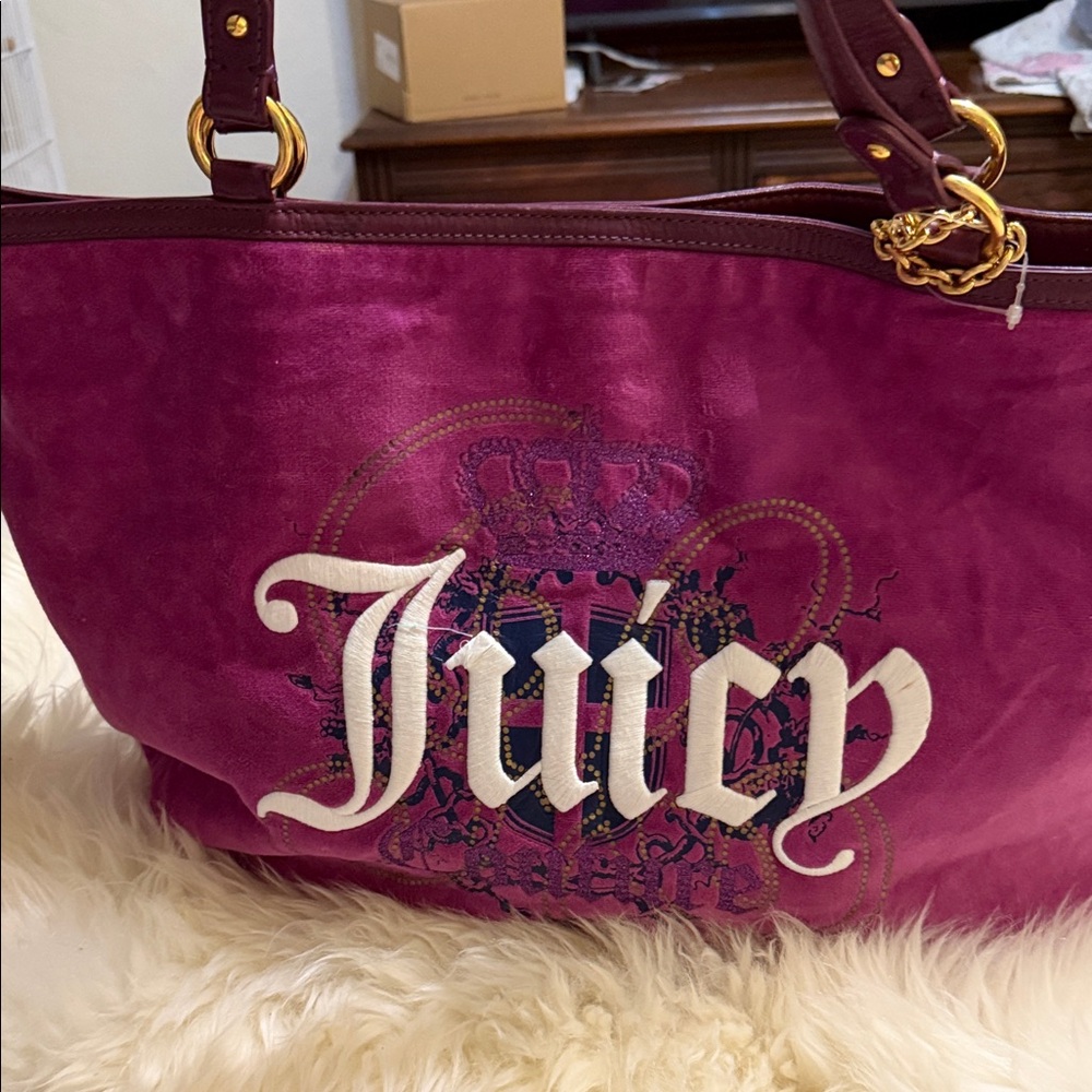 Vintage Authentic Juicy Couture Deep Magenta velvet Tote with Gold Accents